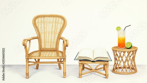 Wicker chair with a book and a drink on a round table in a minimalistic setting
