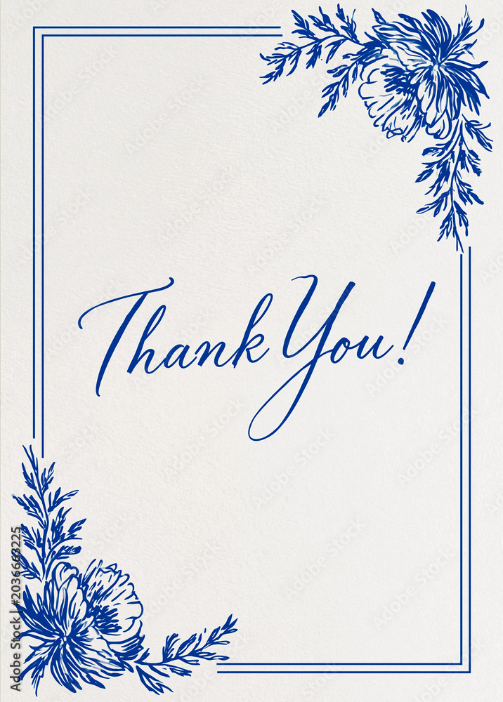 Obraz premium Thank you card with elegant blue floral corners and calligraphy script on textured white background