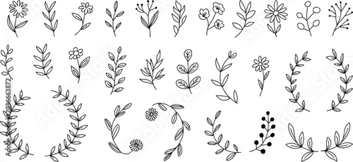 Minimalist hand-drawn botanical line art sketches of flowers and leaves create a peaceful garden mood in bright settings.