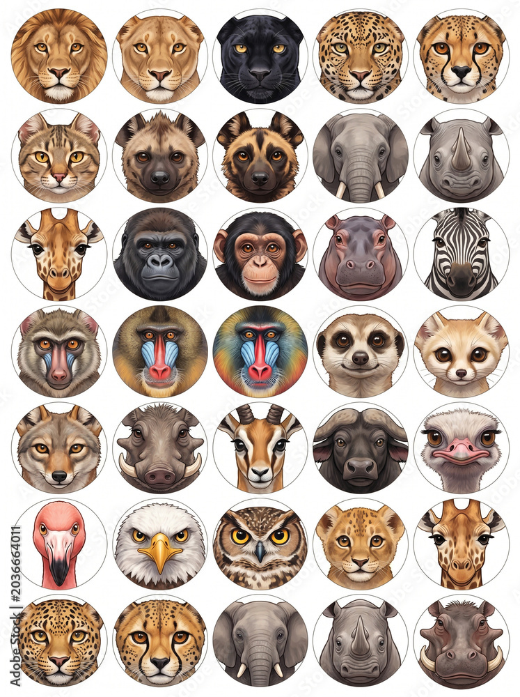 Fototapeta premium Wild animal faces in circular illustrations on white background 
