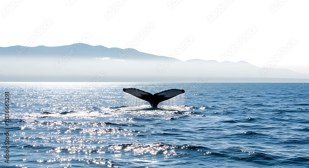 Naklejka premium Humpback whale tail fluke diving into the blue ocean water