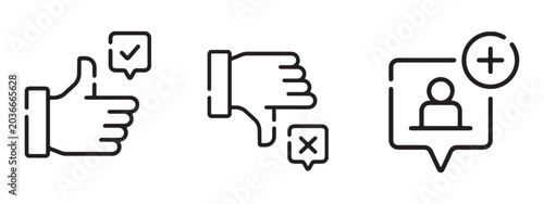 Social Media Interaction Icon Set - Thumbs Up Like, Thumbs Down Dislike, and Add User Follower Symbols for UI Design
