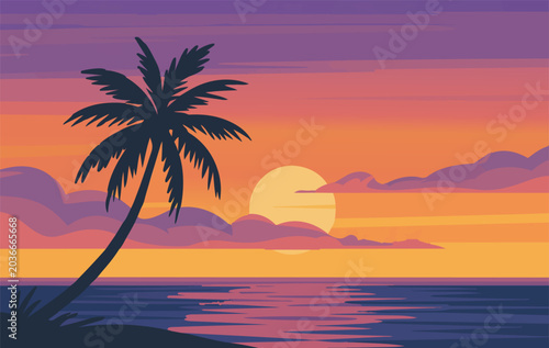 A serene tropical sunset casts vibrant colors across the sky, ocean, and a silhouetted palm tree