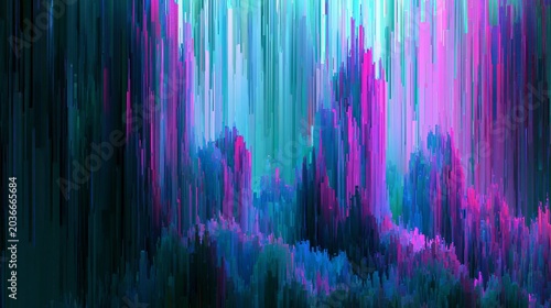 A vibrant abstract artwork featuring colorful vertical lines in shades of pink, blue, and purple hues