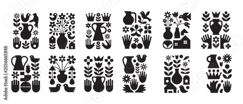Canvas-taulu A set of ten panels displaying various black folk art symbols arranged symmetric