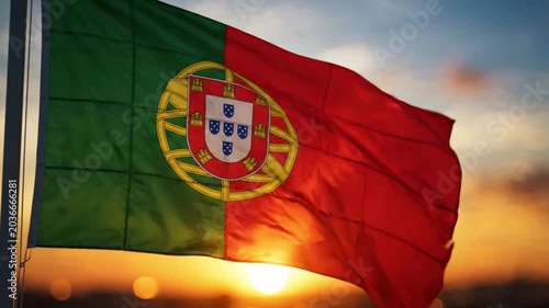 The national flag of portugal waving against a beautiful sunset sky