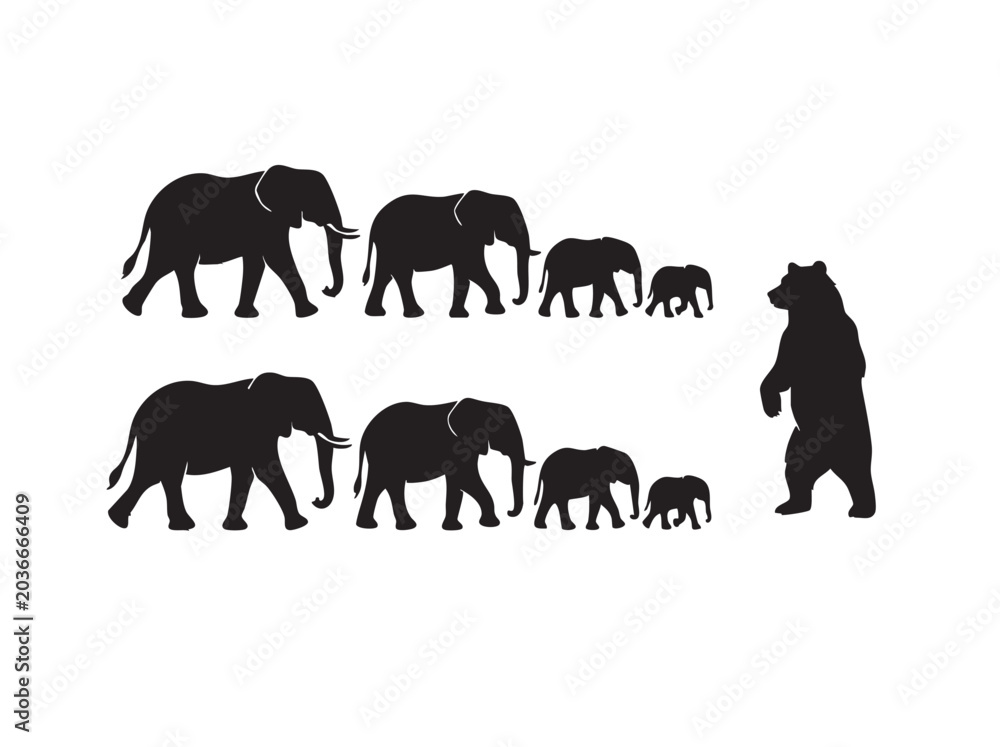 Obraz premium elephant family and bear silhouette vector on white background 