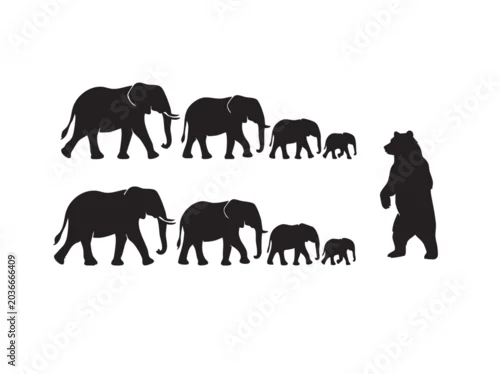 Obraz elephant family and bear silhouette vector on white background 