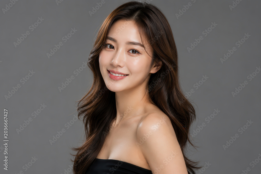 Fototapeta premium A woman stands smiling with long hair in a studio with gray backdrop. She wears a black top and faces the camera while posing confidently.