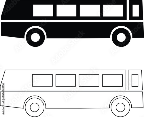Bus line art icon in minimal outline style, public transport vehicle illustration.