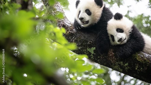 Two adorable baby giant pandas lounging on a lush tree branch covered in moss. The charming fluffy black and white bears are observing their surroundings in a lush green forest setting