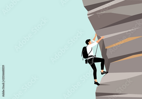 Tableau sur toile A flat vector illustration of a businessman in a white shirt and black trousers climbing a steep rock face, symbolizing career growth and challenges