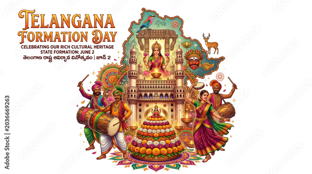 Obraz premium Telangana formation day celebration with cultural heritage elements isolated on transparent background