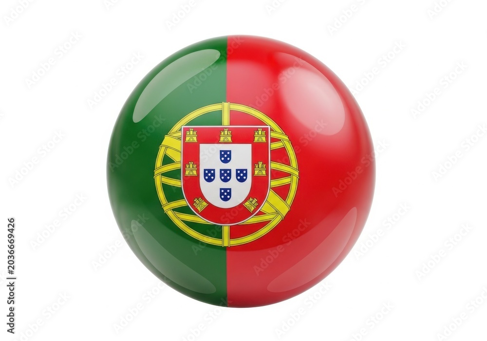 Obraz premium 3d glossy sphere with the national flag of portugal isolated on white background