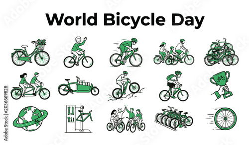 World Bicycle Day Cycling Themed Vector Line Art Illustrations Set