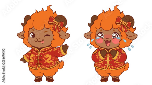 Foto illustration of fire goat charater celebrating a chinese new year 2027, show emo