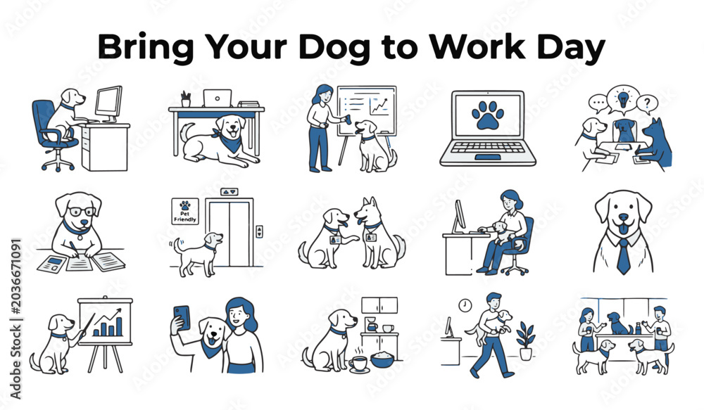 Fototapeta premium Collection of Modern Line Art Vector Icons: 'Bring Your Dog to Work Day' in Office