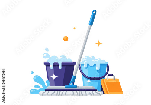 Tableau sur toile Mop with Double Bucket Soapy Water Sparkling Cleaning Tools Set Flat Vector Illu