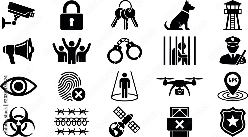 Naklejka premium Security and surveillance icon set black glyphs on white background