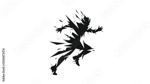 Photos Abstract silhouette of a runner dissolving into sharp, black fragments against a white background, conveying motion and energy