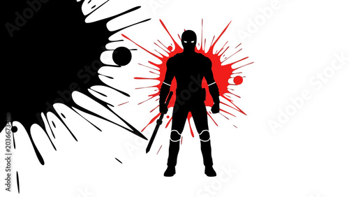 Tablou pe pânză Silhouette of a masked vigilante holding batons, standing against a backdrop of black and red ink splatters