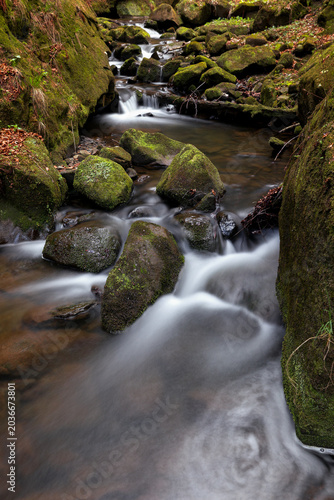 Waterfall on the mountain Carpathian river among mossy boulders, fast flow, crystal water. water flowing between mossy rocks. nature background with river through forest. pristine carpathian ecosystem