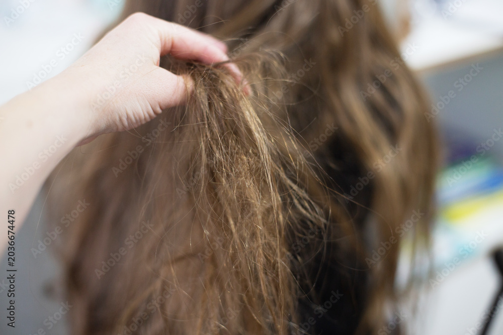 Naklejka premium Hand touching dry damaged tangled brown hair