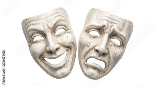 Tableau sur toile Classical theater masks comedy and tragedy stone sculpture isolated on transparent background png drama arts performance