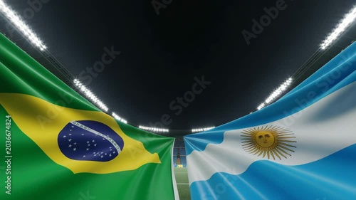 Brazil and Argentina national flags waving in football stadium, soccer match rivalry between South American teams, sports competition concept