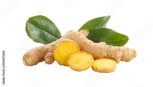 Fresh ginger root with leaves on black background, isolated