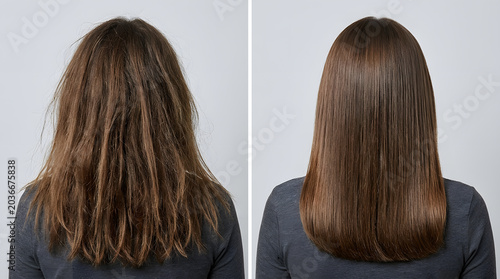 Hair Transformation Before and After | Frizzy Damaged Dry Brown Hair vs Smooth Shiny Straight Results | Keratin Treatment Comparison | Beauty Salon Hair Repair and Restoration Services | Healthy Hair