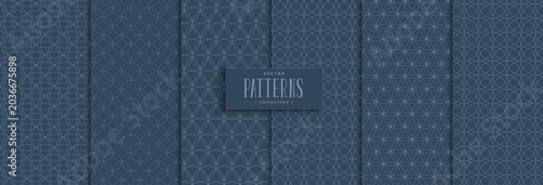 Geometric line patterns collection in dark blue seamless vector backgrounds for modern design