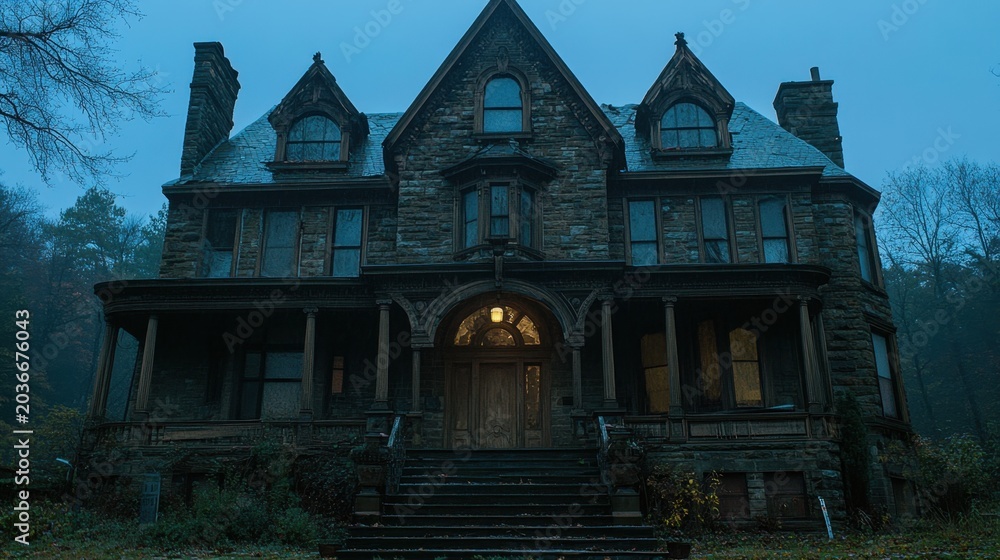 Obraz premium Imposing Victorian Mansion Amidst Gloomy Ambiance of Twilight Serenity
