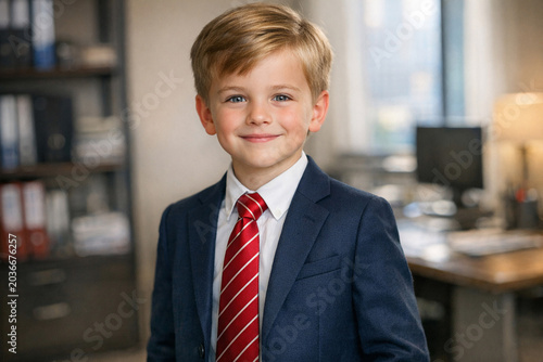 A young boy wearing a suit and tie is smiling brightly for the camera. He appears confident and happy.