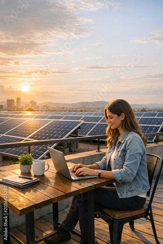 A woman seated at a table using her laptop outside as the sun rises in the background.