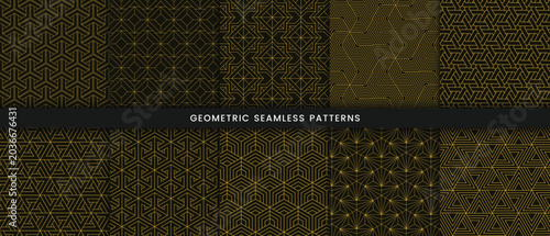 Golden geometric seamless patterns collection on black background art deco inspired vector design