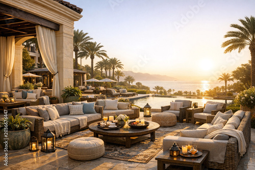 Luxurious patio furniture on a well-manicured terrace overlooking the ocean at sunset.