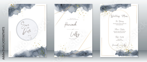 Watercolor wedding invitation set with gold geometric lines and calligraphy on white background