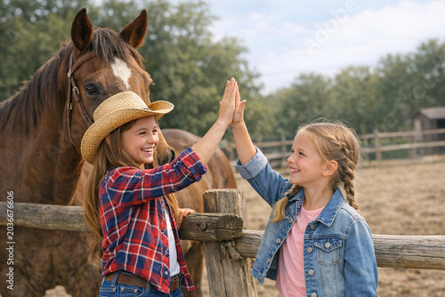 Smiling children celebrating together outdoors near horses