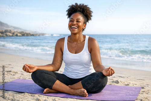 Happiness and relaxation during outdoor yoga session at the beach