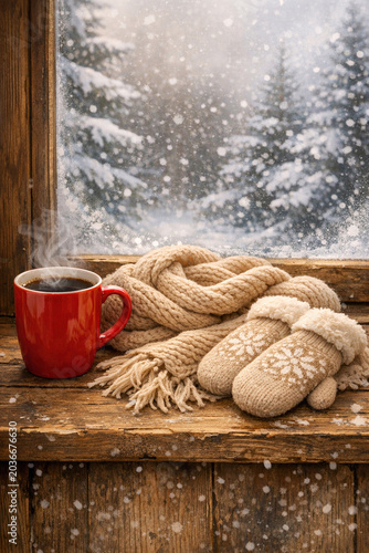 Warm winter ambiance captured in image. Features snowy window, red coffee cup, and a large rope knot on wooden windowsill. Perfect for holiday or cold weather themes.