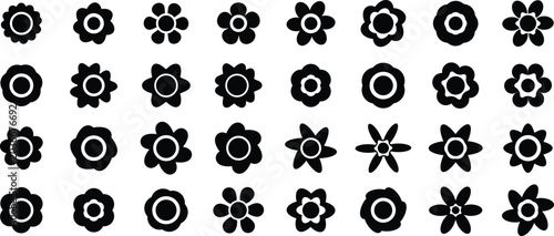 Black floral icons set with various flower designs on a white background