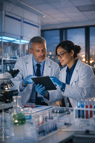 Two scientists wearing lab coats and gloves look over a tablet with data.