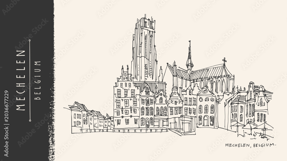 Fototapeta premium Mechelen, Belgium, Europe. St. Rumbold's Cathedral on Grote Markt. Hand drawn travel postcard. Travel sketch. Belgian artistic drawing. Vintage hand drawn Belgium postcard. Vector illustration