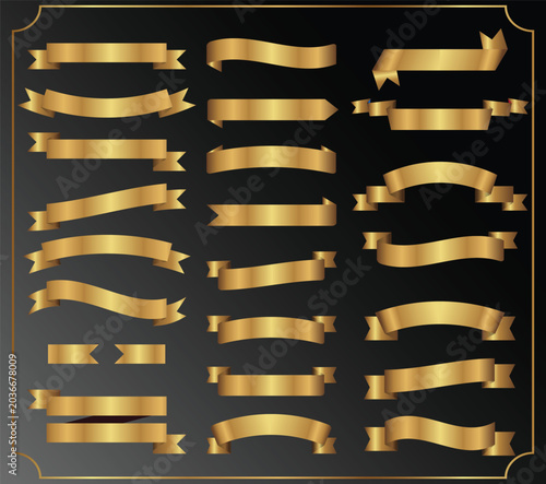 Golden ribbons and banners collection on black background decorative vector elements for design
