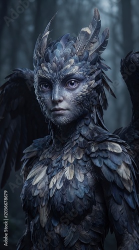 A surreal humanoid figure covered in dark feathers stands in a misty forest, blending human and birdlike features with intricate, textured plumage.