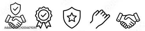 Set of black line icons representing handshake agreements, security badges, and a hand gesture on white background on transparent background