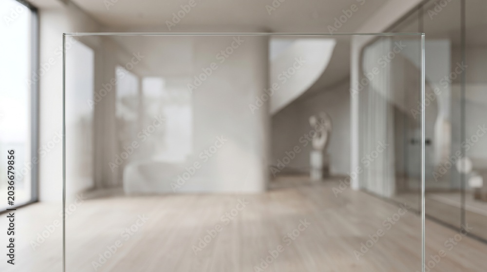 Fototapeta premium Interior view of modern room with glass wall and sculpture