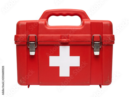 Obraz na plátně Red first aid kit with white cross, isolated on transparent background