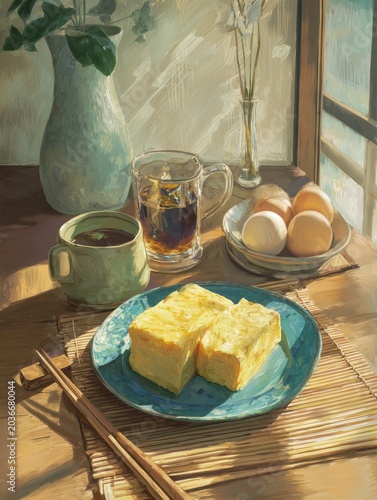 A delicate rolled Japanese tamagoyaki sits on a bamboo mat, softly illuminated by the pastel morning light.